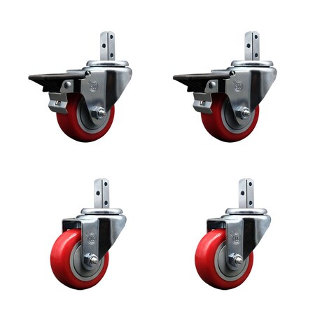 Service Caster 3'' Red Polyurethane Wheel Swivel 3/4'' Square Stem Caster Set 2 Brakes, 4PK SCC-SQ20S314-PPUB-RED-PLB-34-2-S-2